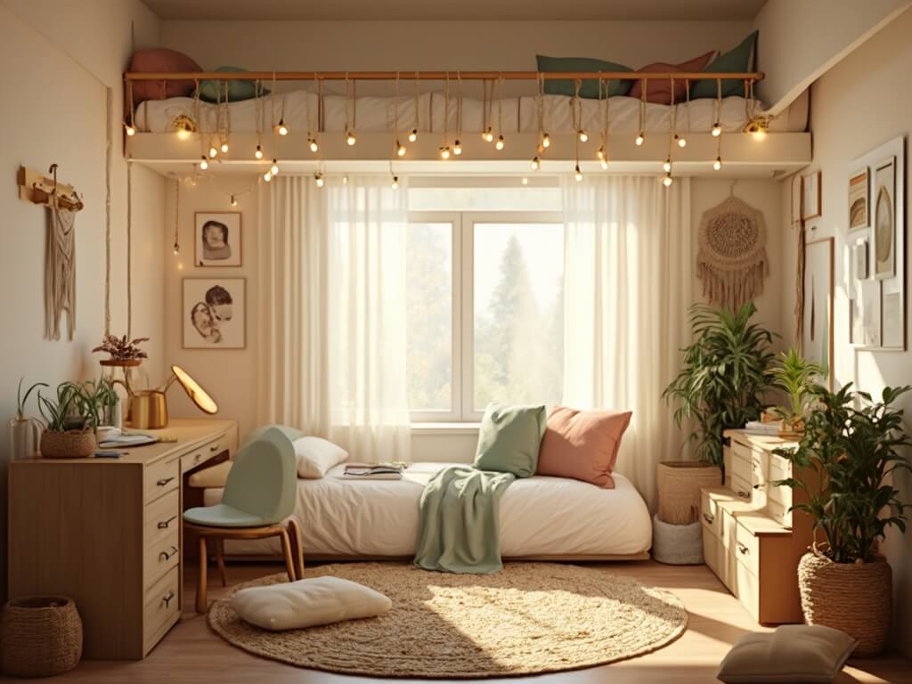 "Modern, cozy dorm room interior illuminated by soft golden hour sunlight, featuring loft bed, minimalist desk area, string lights, gallery wall, and reading nook"