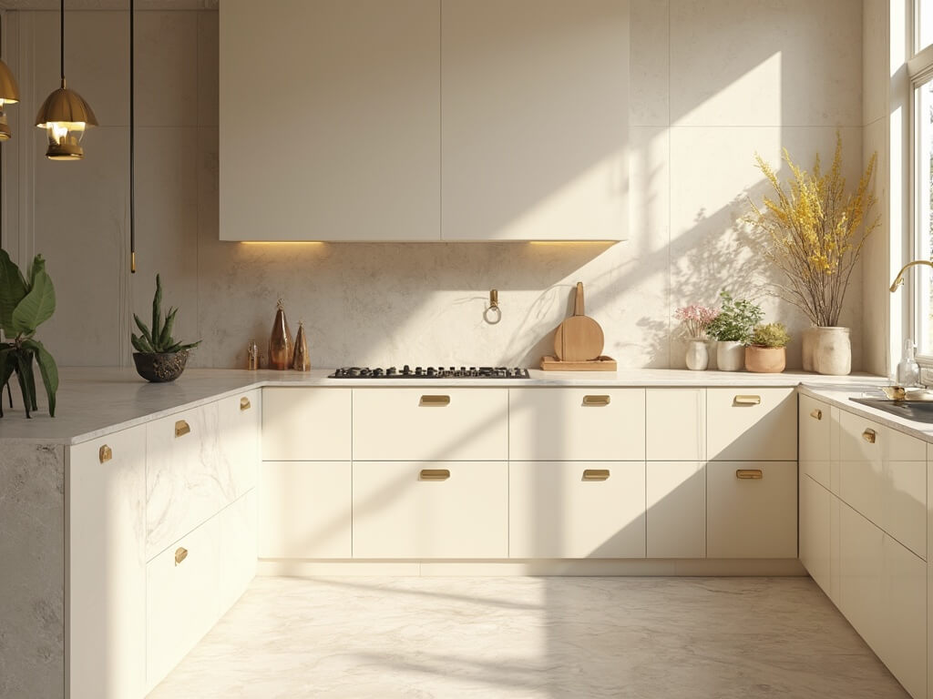 "Sunlit modern kitchen with cream cabinets, quartzite island, and white oak herringbone floors"