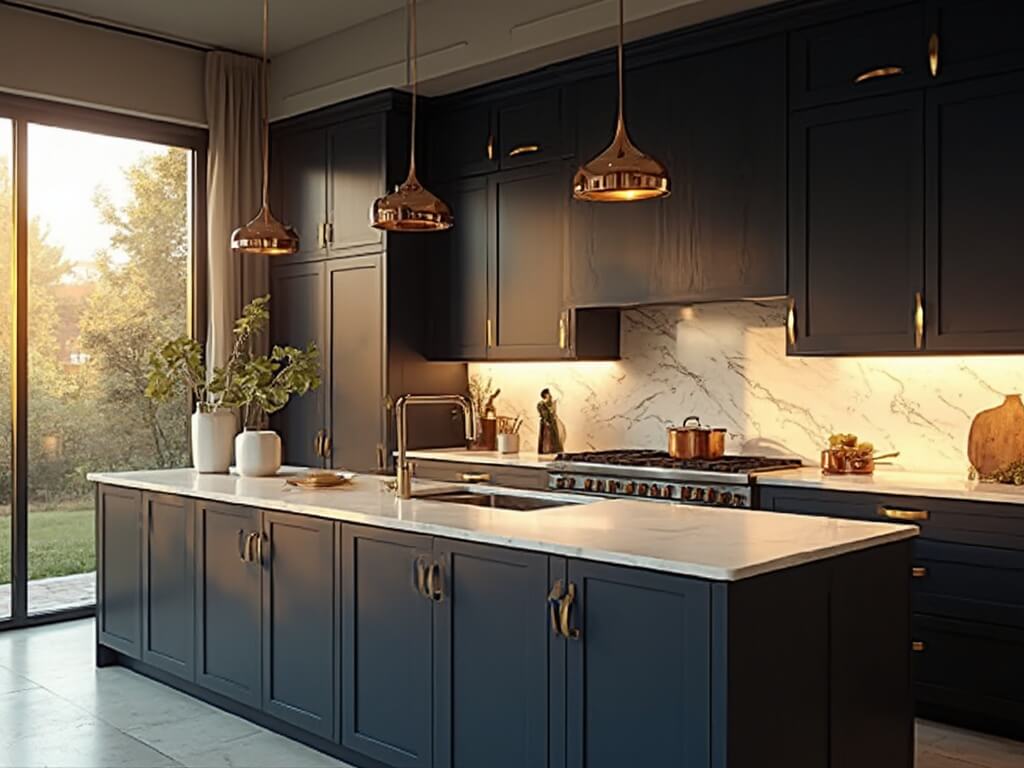 "Luxurious modern kitchen with navy cabinets, brass handles, white quartz countertops, and natural golden hour lighting"