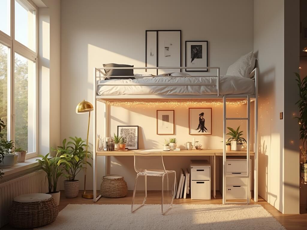 "Modern minimalist dorm room bathed in golden hour sunlight, with lofted bed, oak desk, clear acrylic chair, cube organizers, and window corner potted plants, shot in 8K on Canon EOS R5"