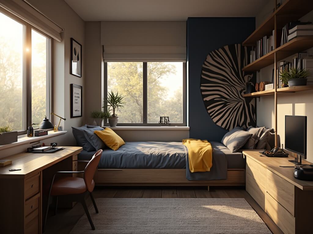 "Modern minimalist dorm room with charcoal grey bedding, mustard yellow pillows, navy accent wall, mid-century desk setup with MacBook, natural wood furniture, and golden hour sunlight streaming through windows."