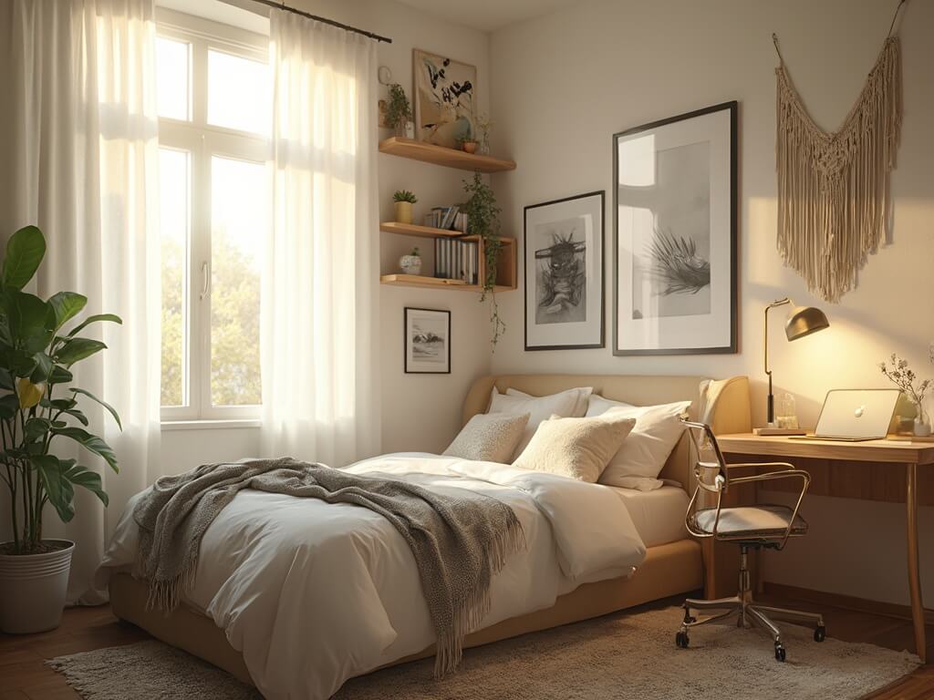 "Modern, minimalist dorm room with white bedding, boho accents, and sleek desk setup during golden hour"