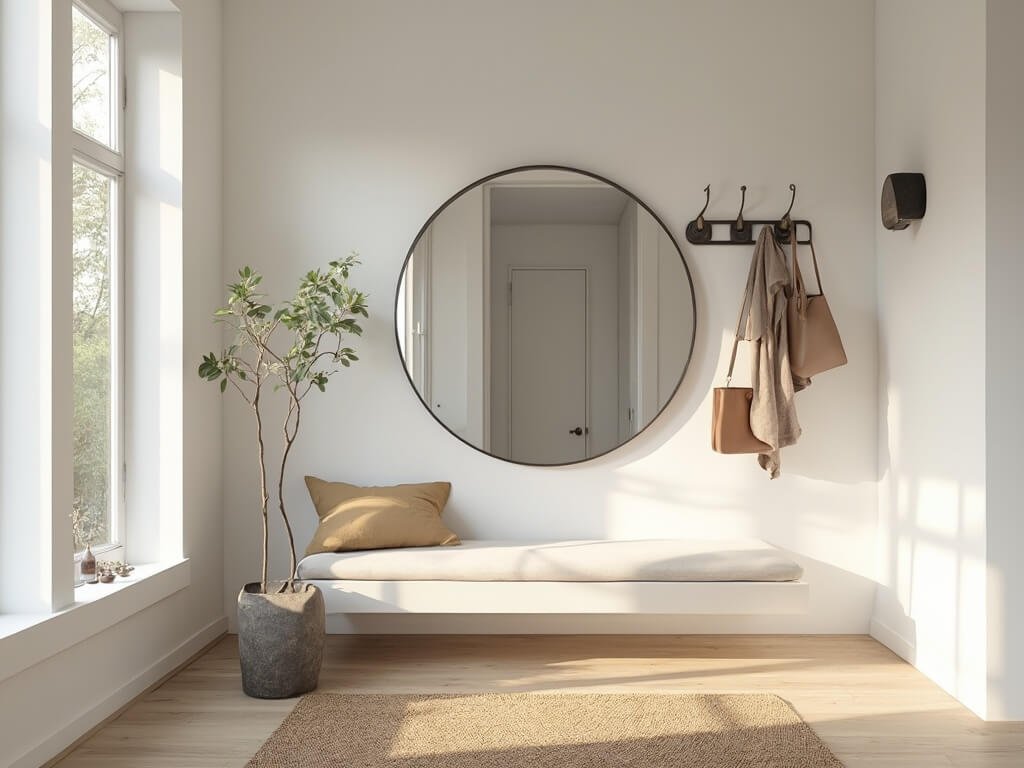 "Modern minimalist entryway with sunlight streaming through tall windows, featuring white oak storage bench, brass mirror, and matte black hook rail."