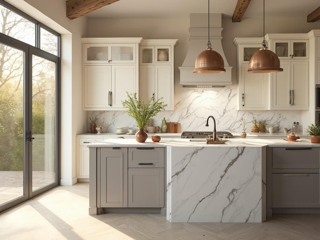 "Sunlit modern farmhouse kitchen with floor-to-ceiling cream Shaker cabinets, greige island with marble countertop, and vintage copper pendant lights"