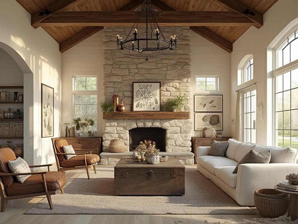 "Vintage modern farmhouse great room with rustic elements, sunlit through large windows, showcasing weathered oak beams, shiplap walls, and stone fireplace with aged decor."