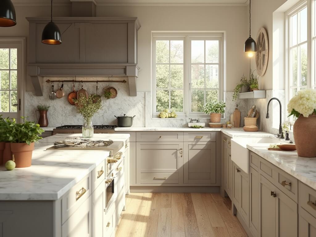 "Sunlit modern farmhouse kitchen with greige cabinets, Carrara marble countertops, and copper cookware"