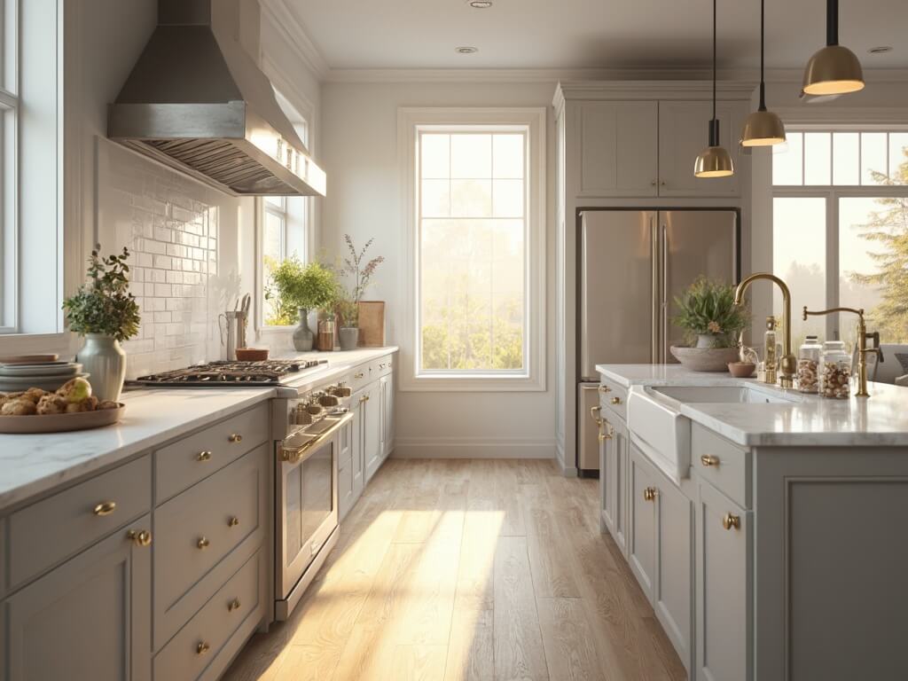 "Modern farmhouse kitchen with shiplap backsplash, white quartz countertops, and vintage copper pots in golden hour sunlight"