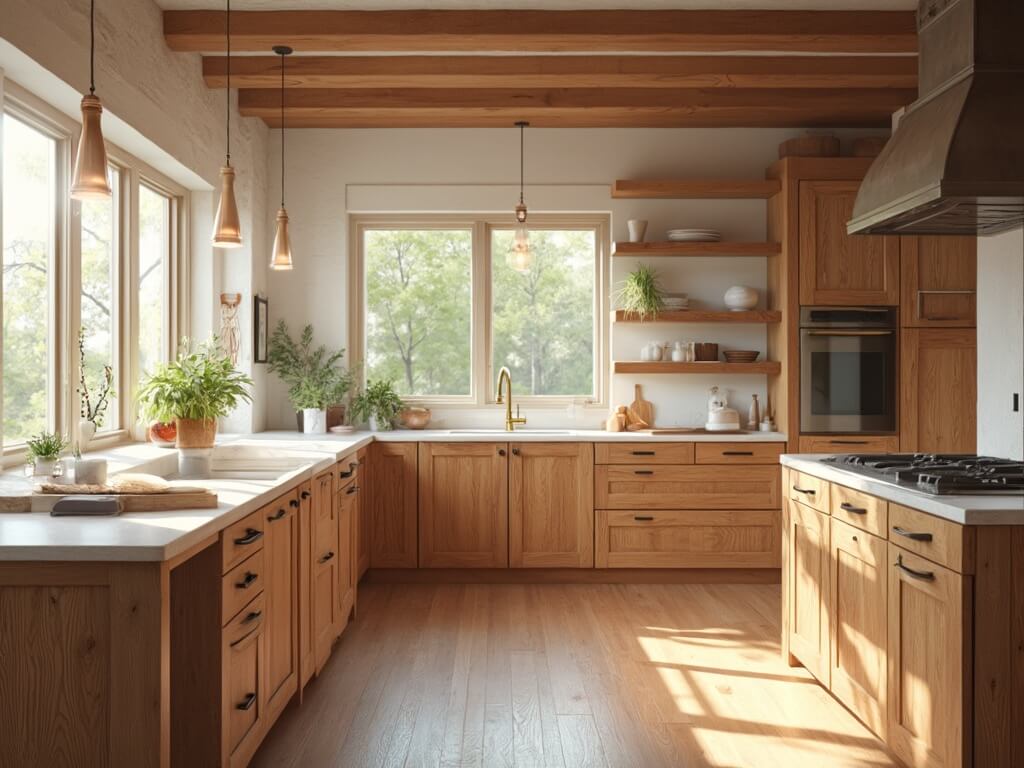 "Sunlit modern farmhouse kitchen with cherry wood cabinets, white quartz countertops, and a large island"