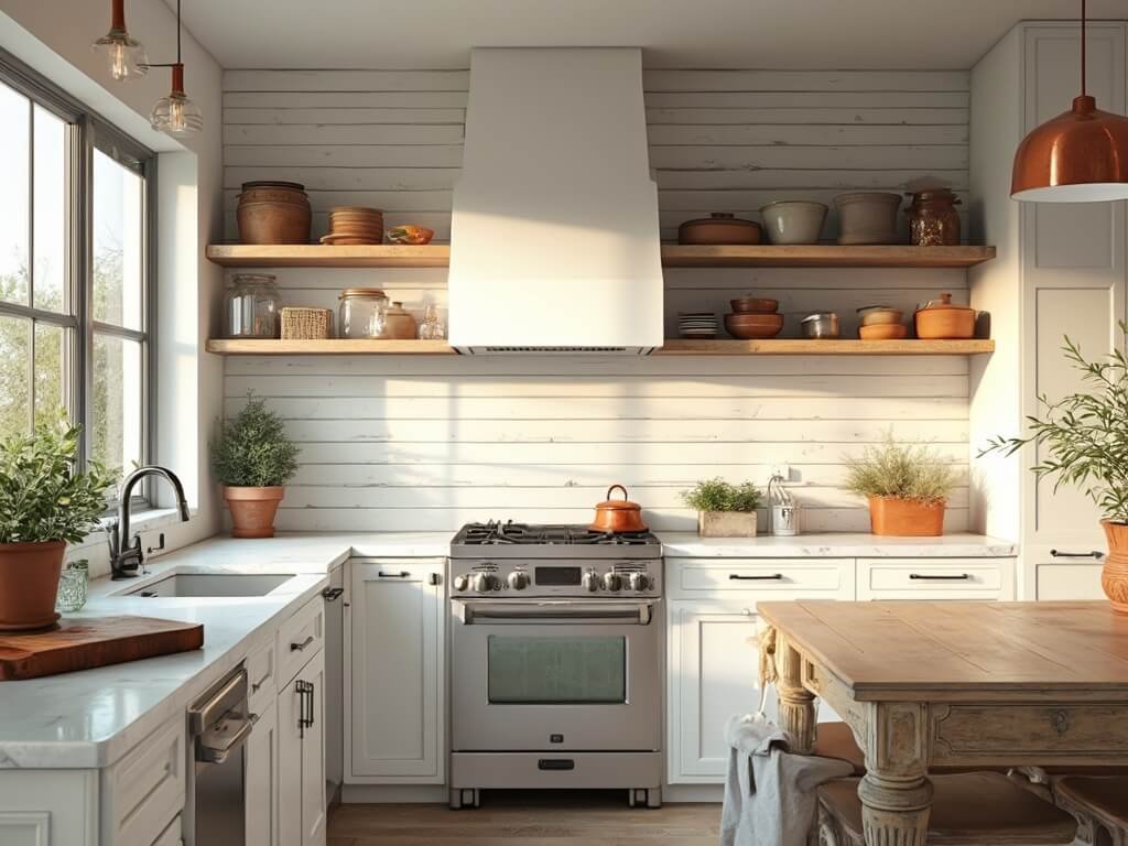 "Modern farmhouse kitchen with white shiplap backsplash, white cabinets, reclaimed wood shelves, and stainless steel appliances, bathed in golden hour sunlight"