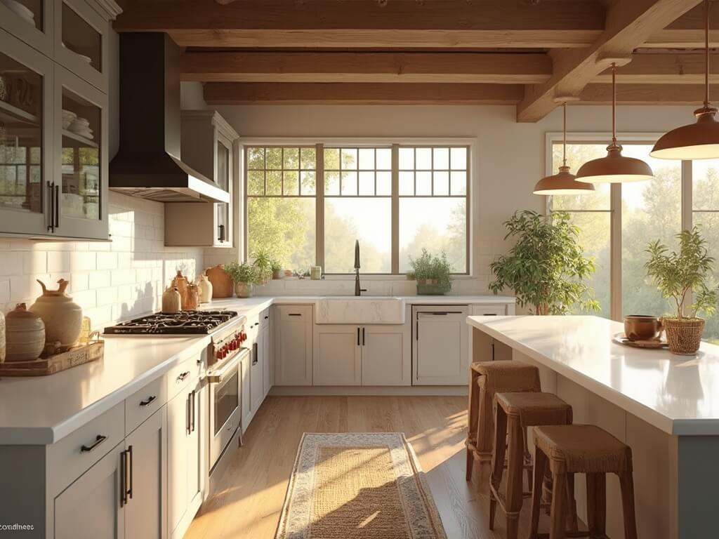 "Sun-drenched modern farmhouse kitchen with medium-tone shaker style cabinets, white quartz countertops, large center island with rattan barstools, and copper pendant lights during golden hour"
