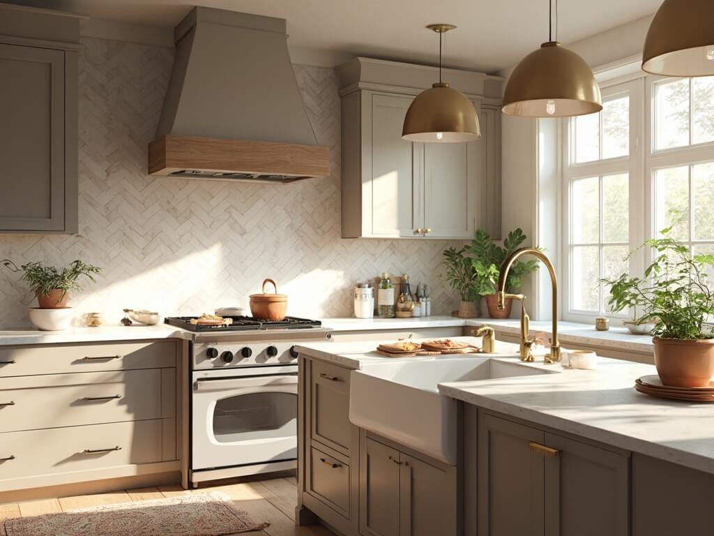 "Luxurious modern farmhouse kitchen with taupe cabinets, white quartz countertops, marble backsplash, and sunlight streaming through large windows"