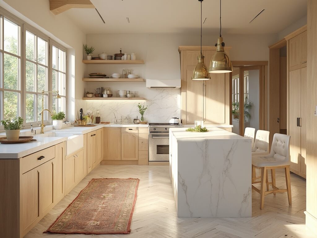 "Sunlit modern farmhouse kitchen with Pale Oak cabinets, white quartz island, and artisanal ceramics on open brass shelving"