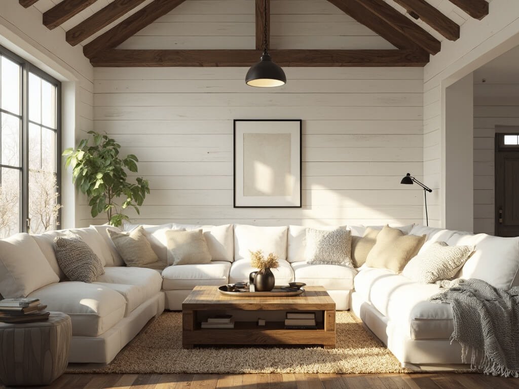 "Modern farmhouse living room in golden hour sunlight, featuring plush white sofa, oak coffee table and minimalist décor"