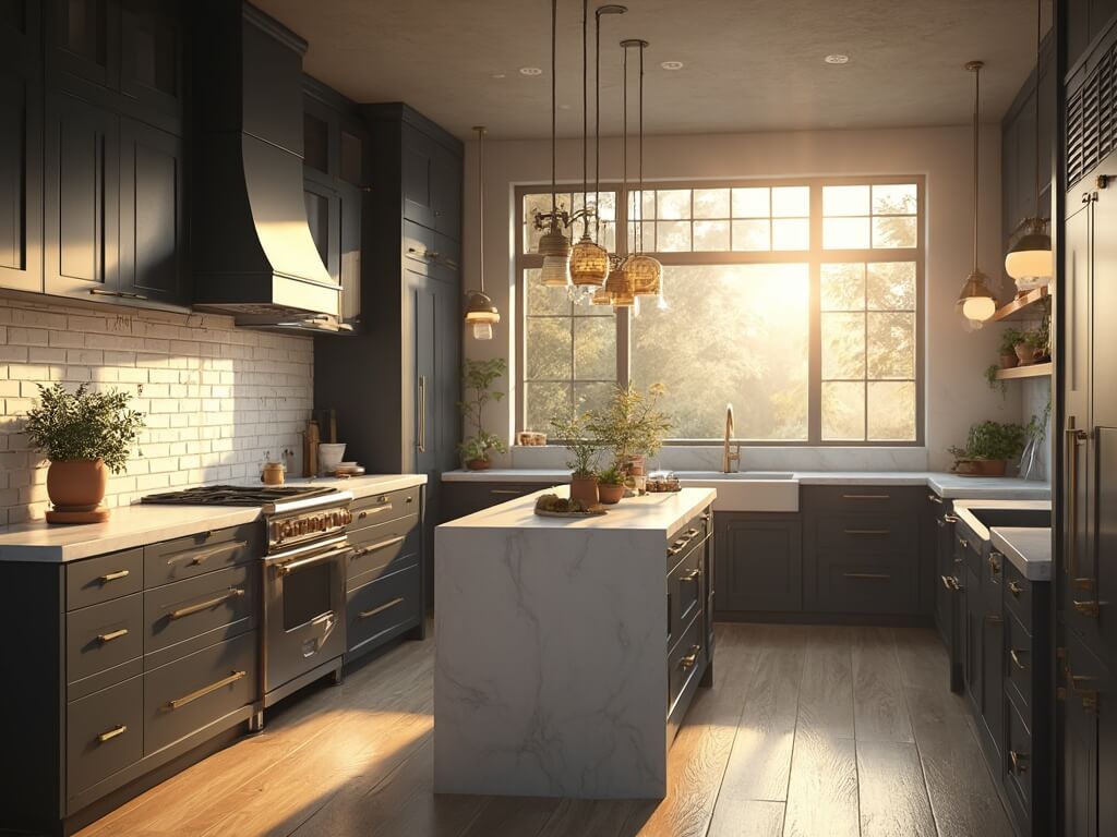 "Luxurious modern farmhouse kitchen with charcoal grey Shaker cabinets, white Carrara marble countertops, and golden sunlight streaming through windows during golden hour"