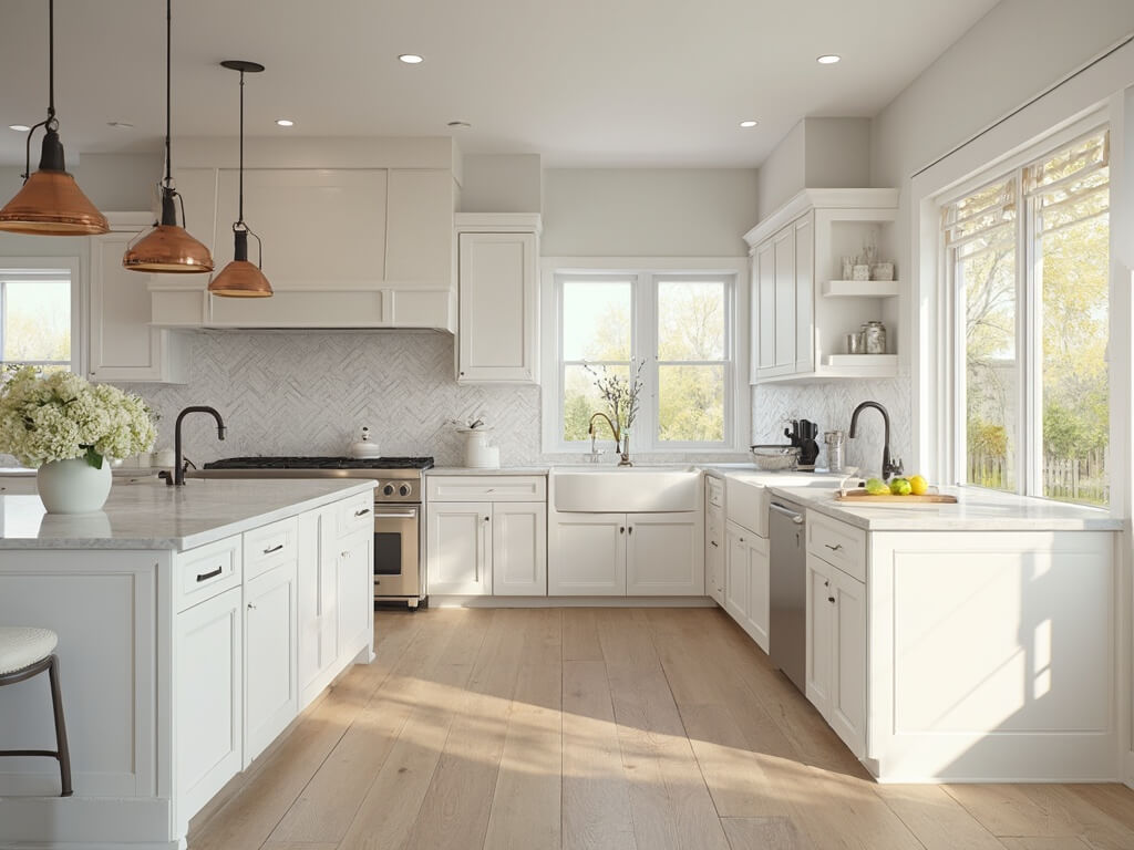 "Modern farmhouse kitchen with white shaker cabinets, marble countertops, stainless steel appliances, and hydrangeas on island, illuminated by golden hour sunlight and professional interior lighting"