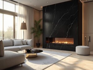"Modern living room with sleek black marble fireplace, minimalist gray sofa, and herringbone oak flooring captured in architectural photography style during golden hour"