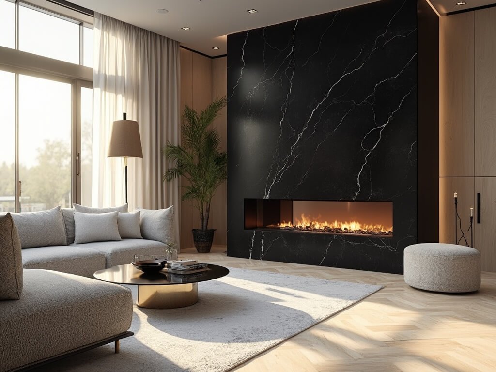 "Modern living room with sleek black marble fireplace, minimalist gray sofa, and herringbone oak flooring captured in architectural photography style during golden hour"
