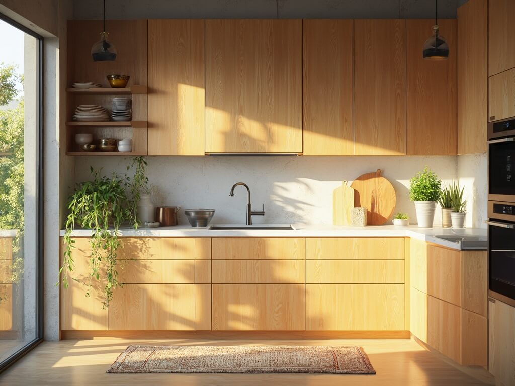 "Sunlit modern kitchen with golden oak cabinets, white quartz counters, and artistic decor in professional, high-resolution photograph."