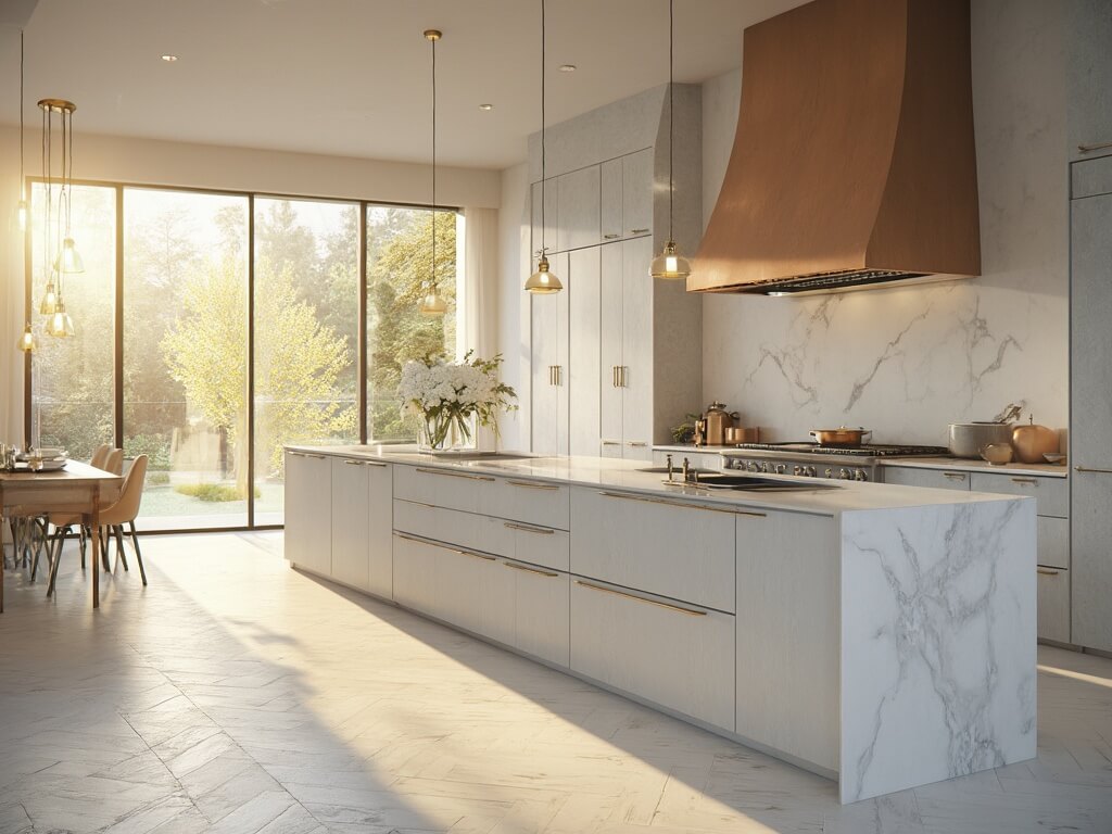 "Modern light gray kitchen with white quartz waterfall island and oak herringbone floors, golden hour sunlight casting dramatic shadows, shot in 8K resolution"