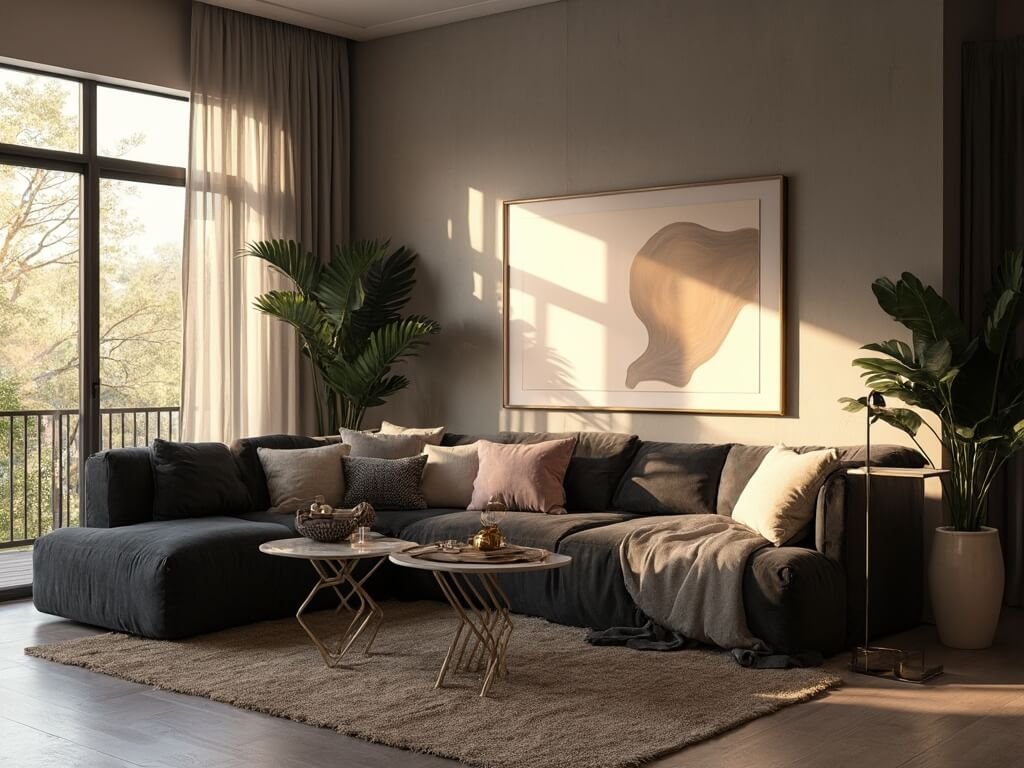 "Modern living room at golden hour with plush dark grey sofa, marble coffee tables, and abstract art"