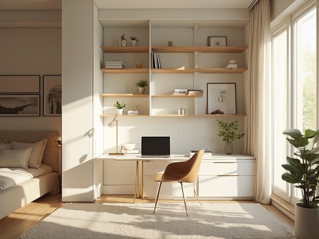 "Modern guest room and office combo with Murphy bed, L-shaped glass desk, and floor-to-ceiling windows during golden hour"