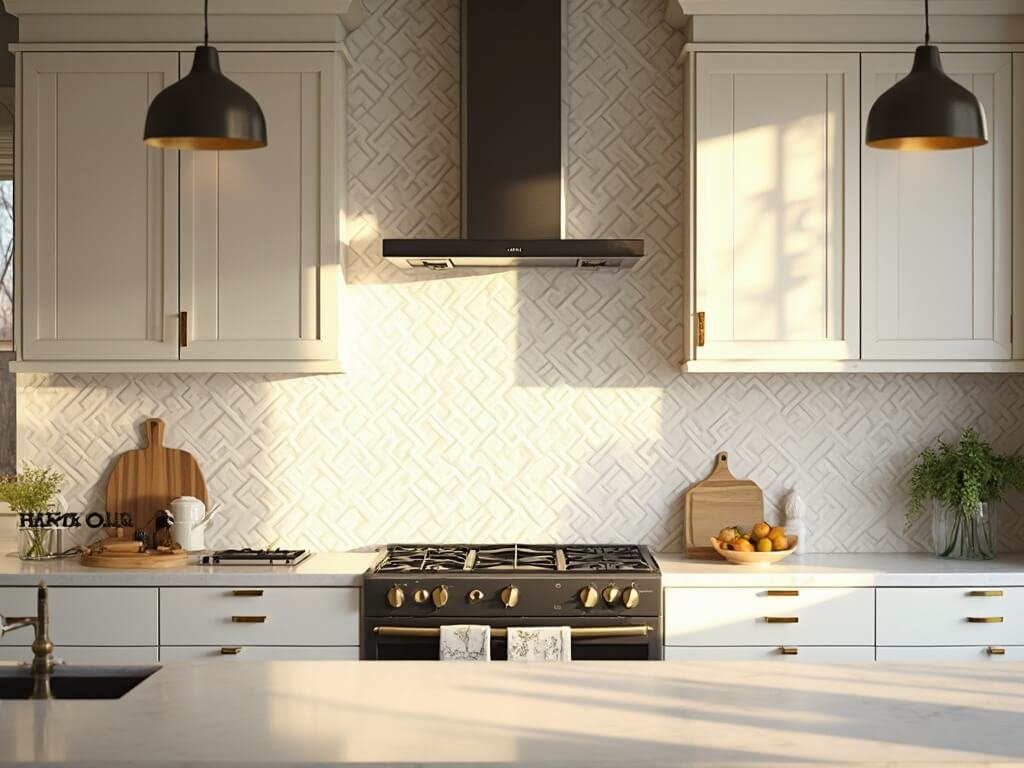 "Modern kitchen with ceramic tile backsplash, white quartz island, and warm white cabinets bathed in golden hour sunlight"