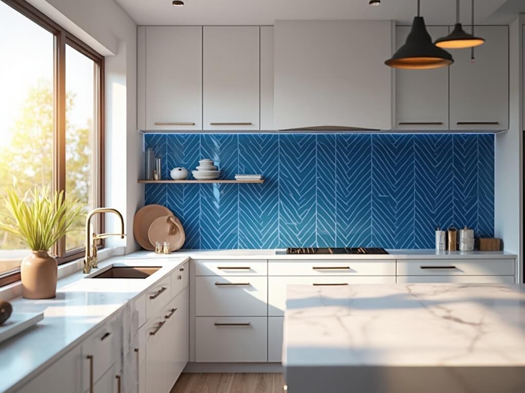 "Modern kitchen interior with blue herringbone tile backsplash, white cabinets, quartz countertops, and minimalist copper accessories during golden hour lighting"