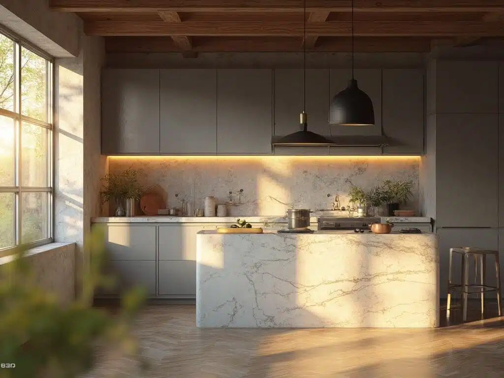 "Modern Scandinavian kitchen illuminated by golden hour sunlight showcasing black pendant lights over a marble island, grey cabinetry, wooden ceiling beams, and stylish brass fixtures."
