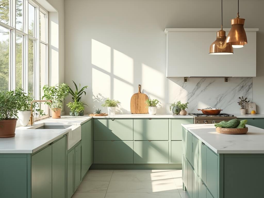 "Modern, airy kitchen with sage green and white cabinets, marble countertops, and gold pendant lights, professionally photographed in 8K resolution."