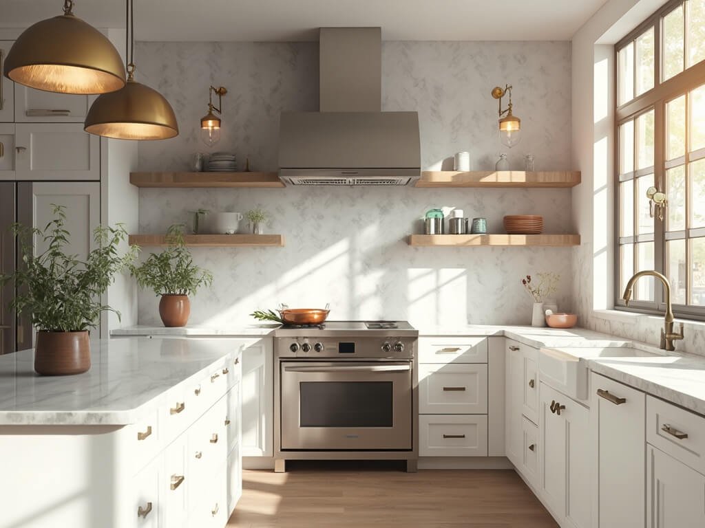 "Sunlit modern white kitchen with herringbone marble backsplash, Carrara countertops, and brass pendant lights over island"