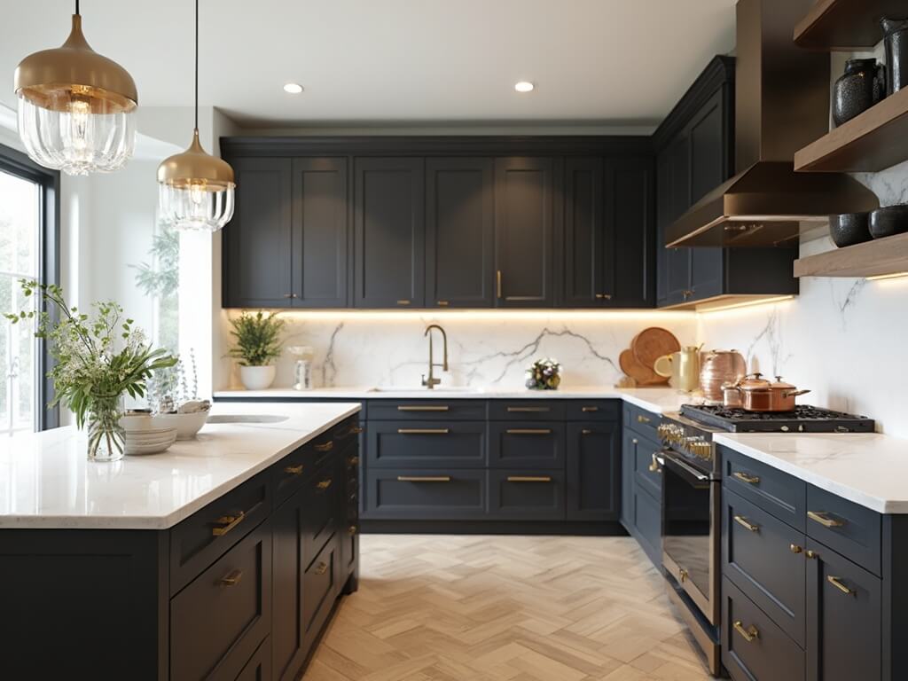 "Modern kitchen with dark gray cabinets, white quartz countertops, oak herringbone floors, and natural lighting"