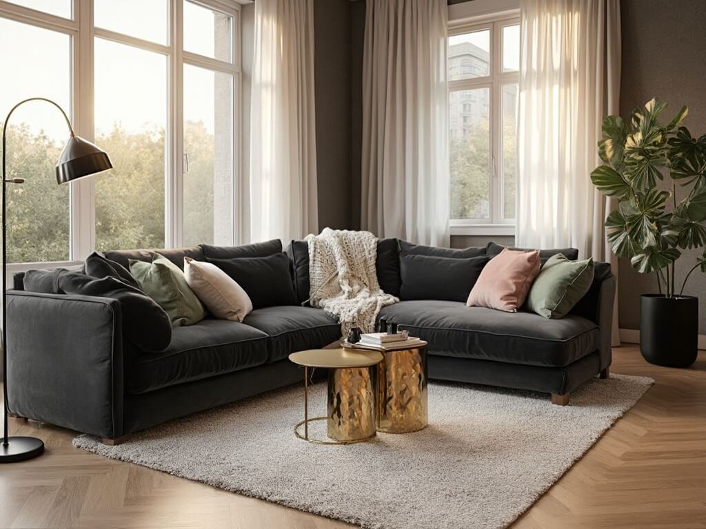"Modern luxe living room with dark grey sofa, cream Moroccan rug, brass accent tables and detailed styling by Elle Decor"