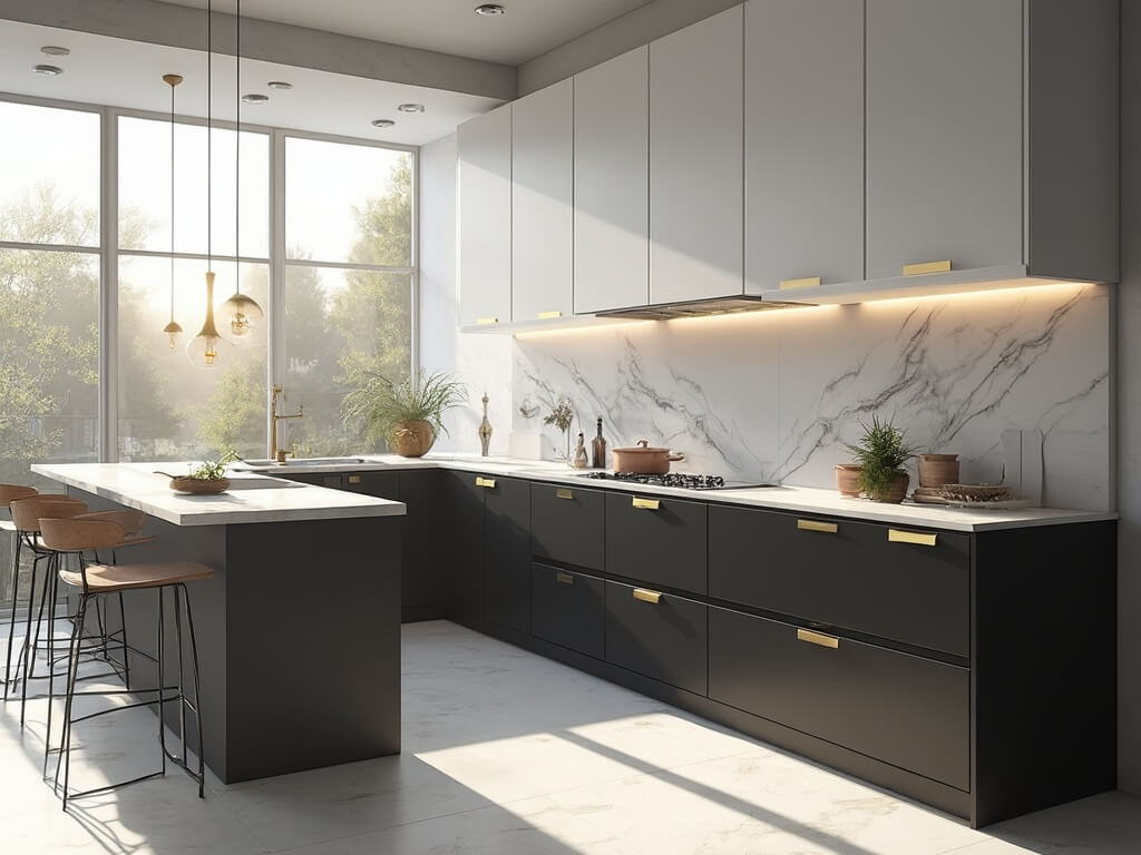 "Modern black and white sunlit kitchen with marble waterfall island and brass details, styled minimally during golden hour"