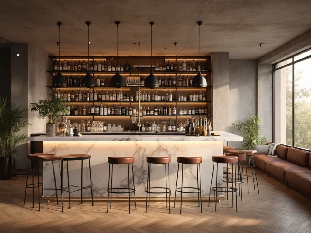 "Modern basement bar interior highlighted by soft golden hour light, featuring a white marble waterfall countertop, brushed metal shelves with premium spirits, and leather barstools."