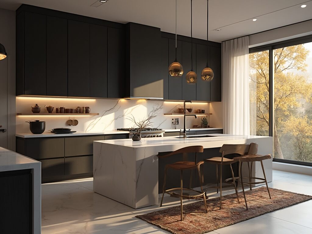 "Modern luxurious kitchen with dark cabinets, white marble countertops, brass hardware details, and golden morning sunlight streaming in from floor-to-ceiling windows"