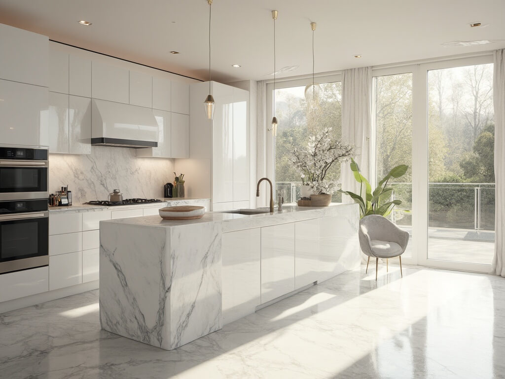 "Modern luxury kitchen with high gloss white cabinets, Calacatta marble island and brass pendant lights, photographed in morning light"