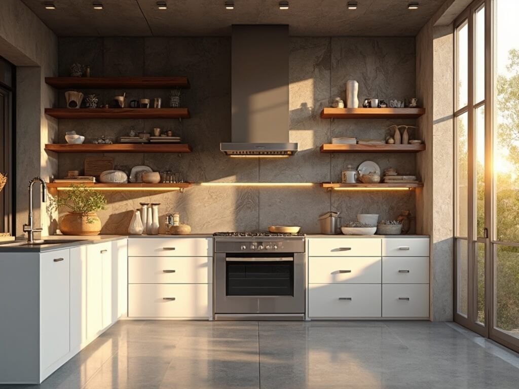 "Luxurious modern kitchen with floor-to-ceiling stone backsplash, white quartz countertops, wooden shelves, and stainless steel appliances bathed in golden hour sunlight"