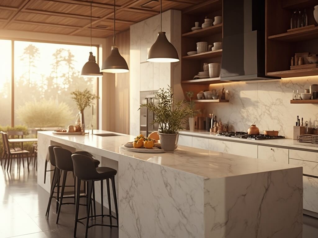 "Sunlit modern luxury kitchen interior with white quartz island, walnut open shelves, and marble accents during golden hour"