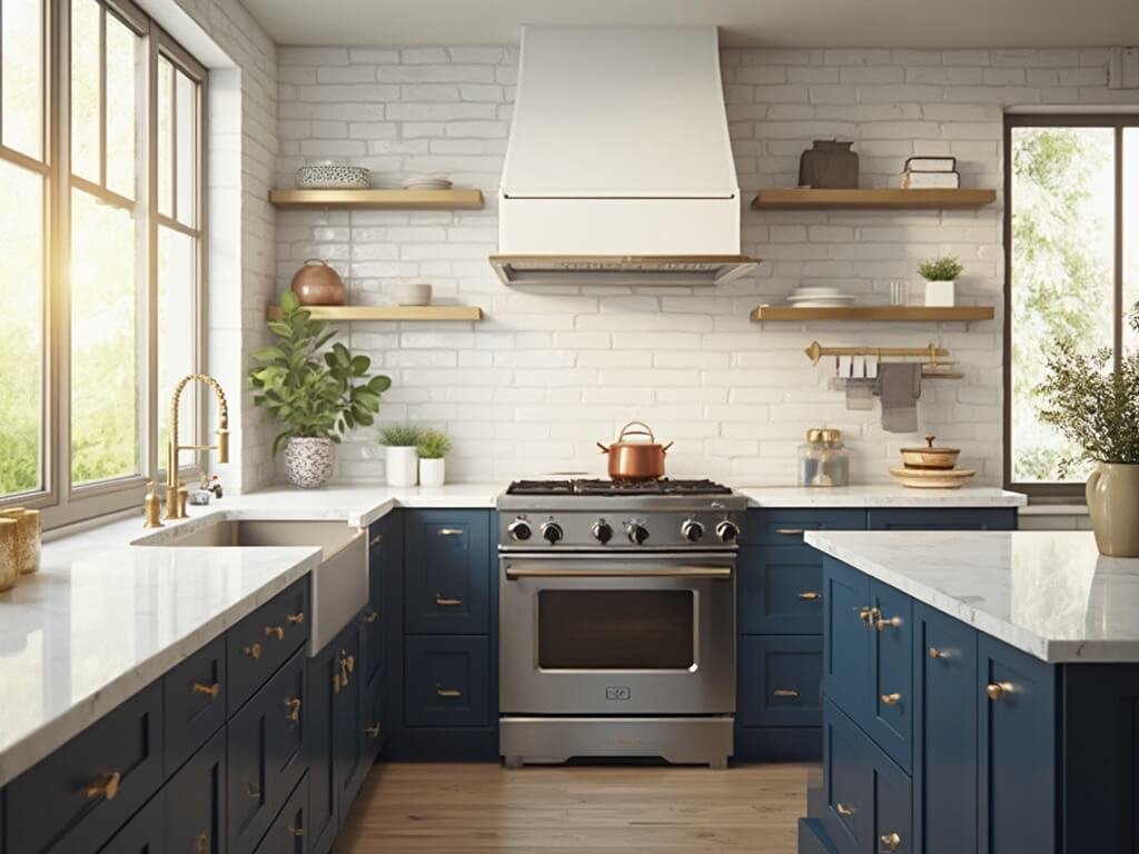 "Modern kitchen with navy blue shaker cabinets, white subway tile backsplash, Carrara quartz countertops, brushed brass fixtures, styled with copper cookware and fresh herbs, bathed in warm morning sunlight"