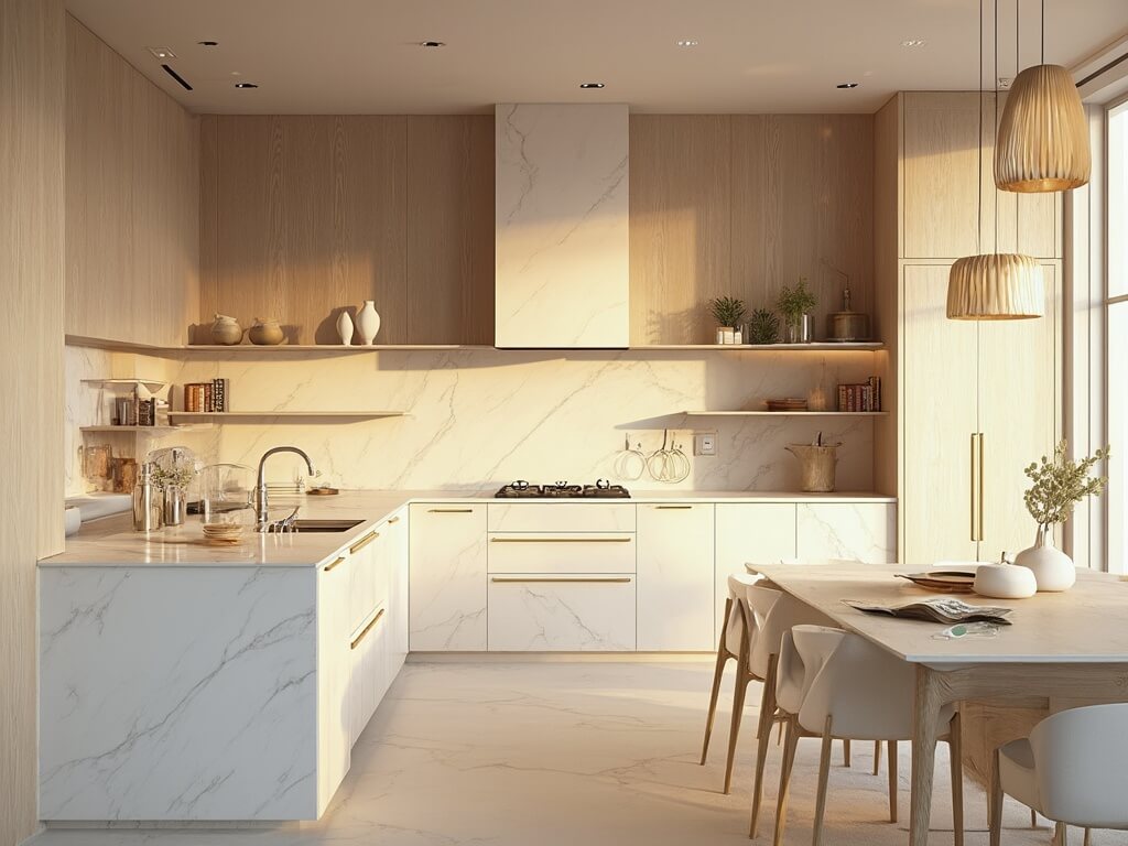 "Modern luxury kitchen with white oak cabinets, quartz waterfall island, and brushed brass hardware bathed in golden hour sunlight"