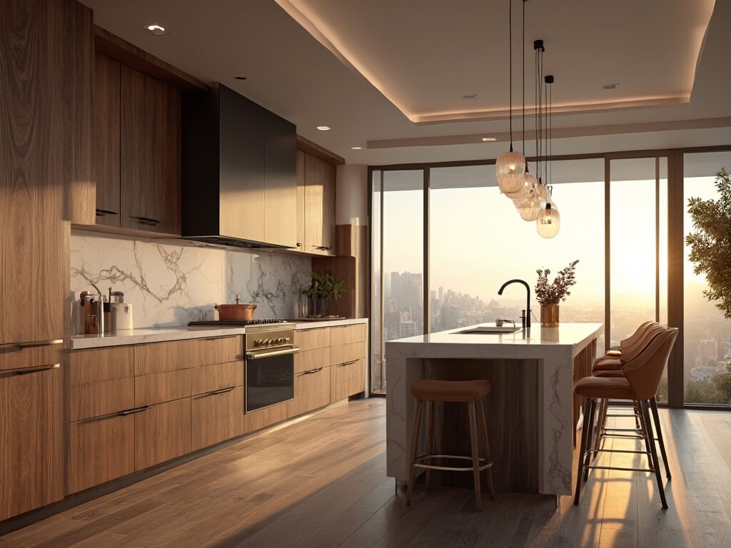 "Modern luxury kitchen with dark walnut cabinets and white quartz island at golden hour"