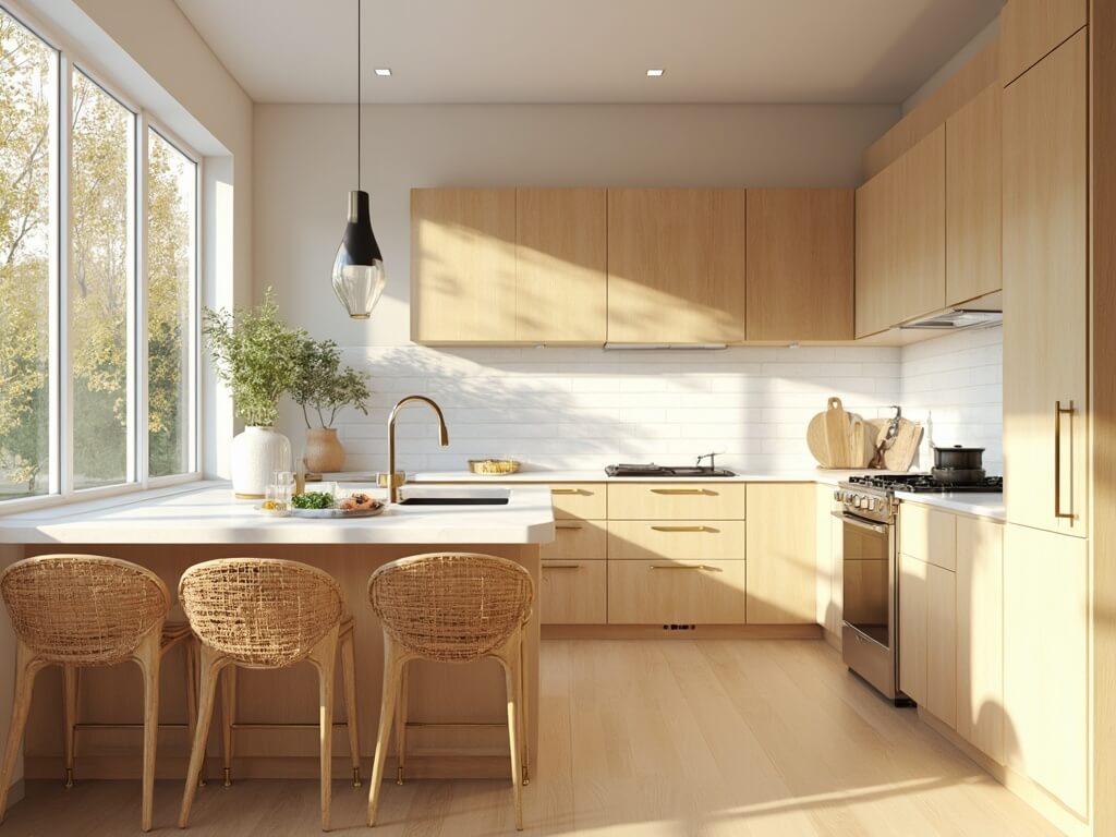 "Sunlit modern kitchen with maple cabinets, white quartz countertops, and stainless steel appliances, highlighted by golden hour light through floor-to-ceiling windows"