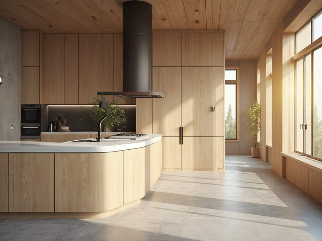 "Sunlit modern kitchen with maple cabinets, white quartz island, and gray herringbone tile flooring"