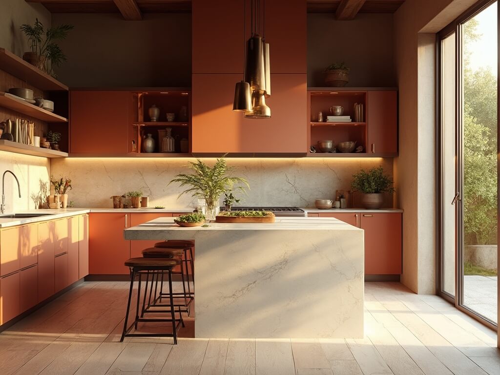 "Modern Mediterranean kitchen with terracotta cabinets, marble island, and copper cookware in golden hour lighting"