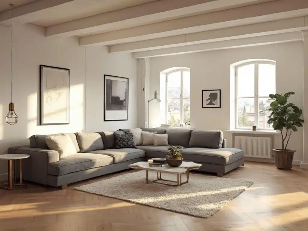 "Luxurious basement conversion with natural light, L-shaped sectional, brass side tables, and black and white photography on walls during golden hour"