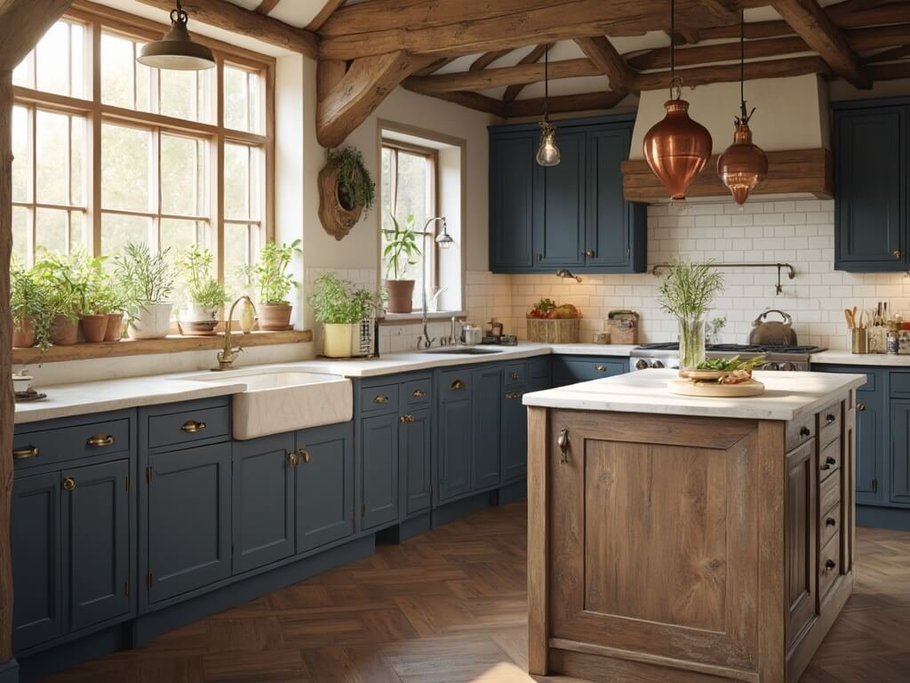 "Sunlit modern English kitchen with navy blue cabinets, cream countertops, vintage copper pots, and fresh herbs on windowsill"