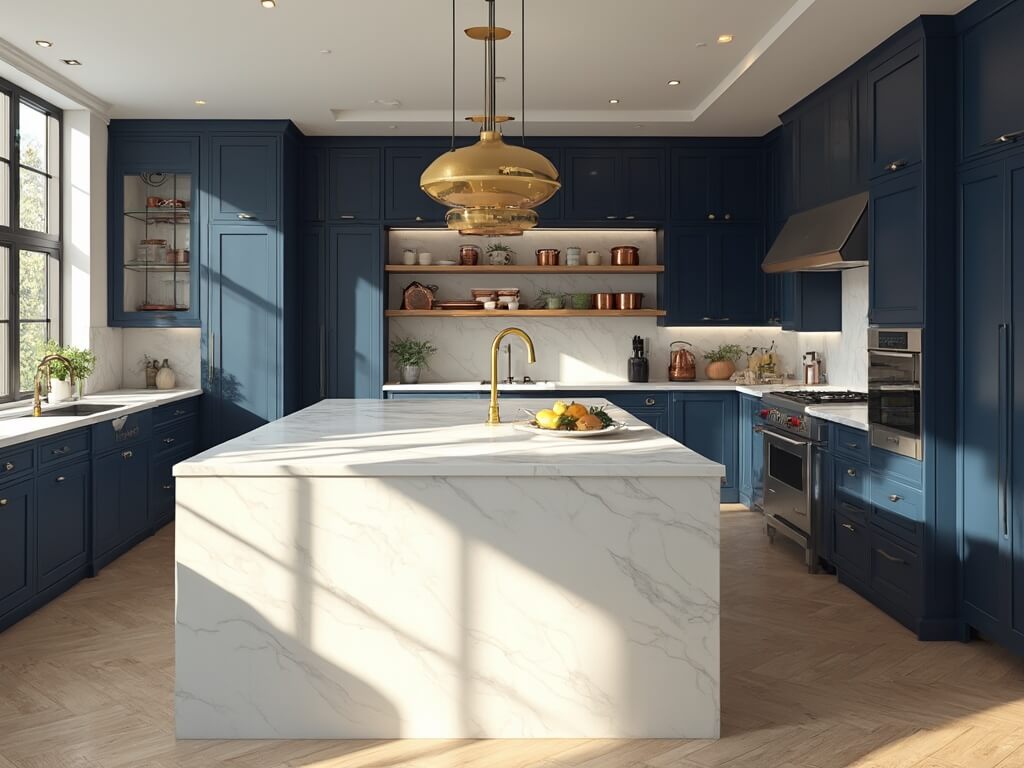 "Luxurious modern navy kitchen with Carrara marble island, dramatic high ceilings, and sunlight streaming through large windows"