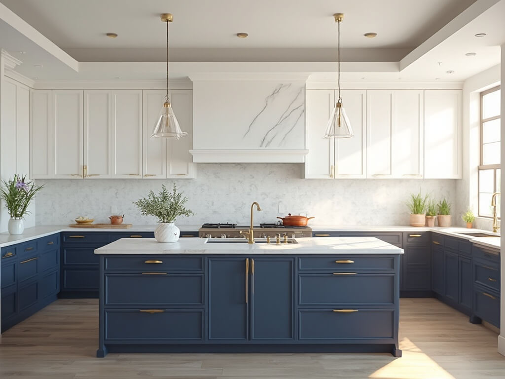 "Modern luxury kitchen interior with navy blue and white cabinets, Carrara marble island, and natural sunlight"