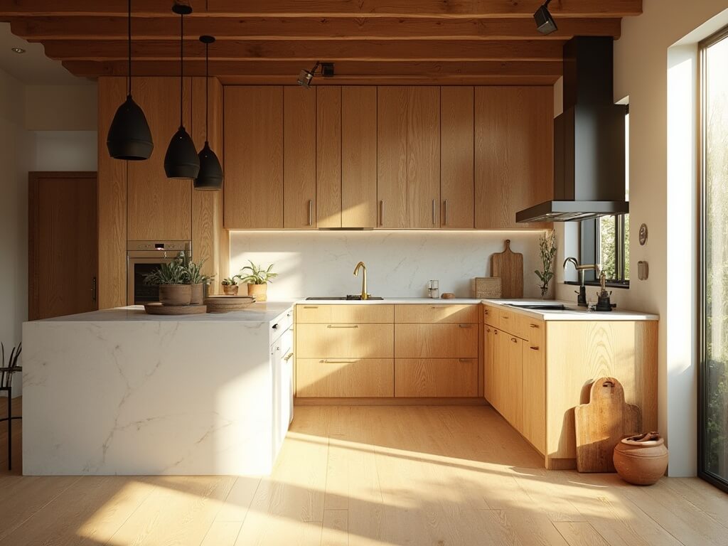 "Sunlit modern kitchen with oak cabinets, quartz island, and artisan styling during golden hour"