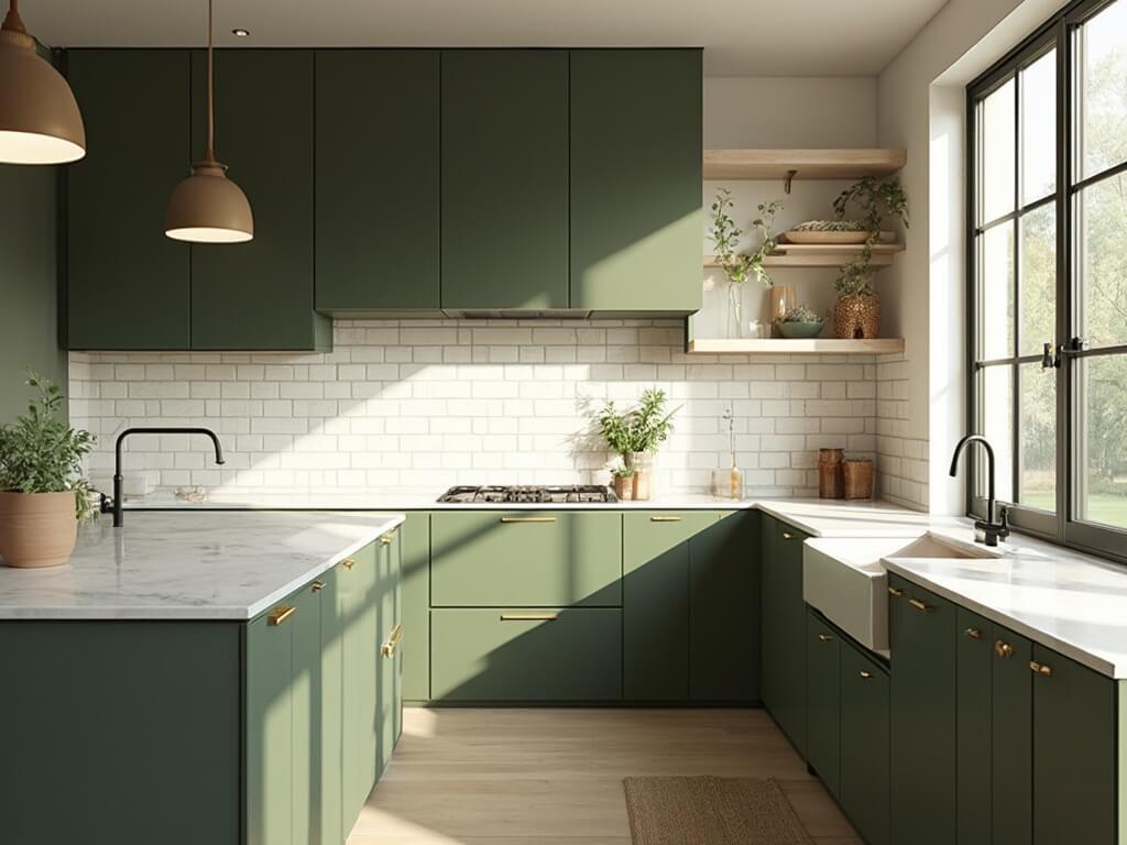 "Modern kitchen interior with olive green cabinets, white marble countertops, and morning sunlight."